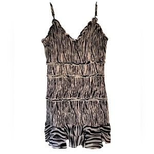 Black And White Zebra Print Tiered Ruffled Hem V Neck Spaghetti Strap Mini Dress